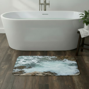Ocean Waves Seafoam on Rocky Coast Bath Mat