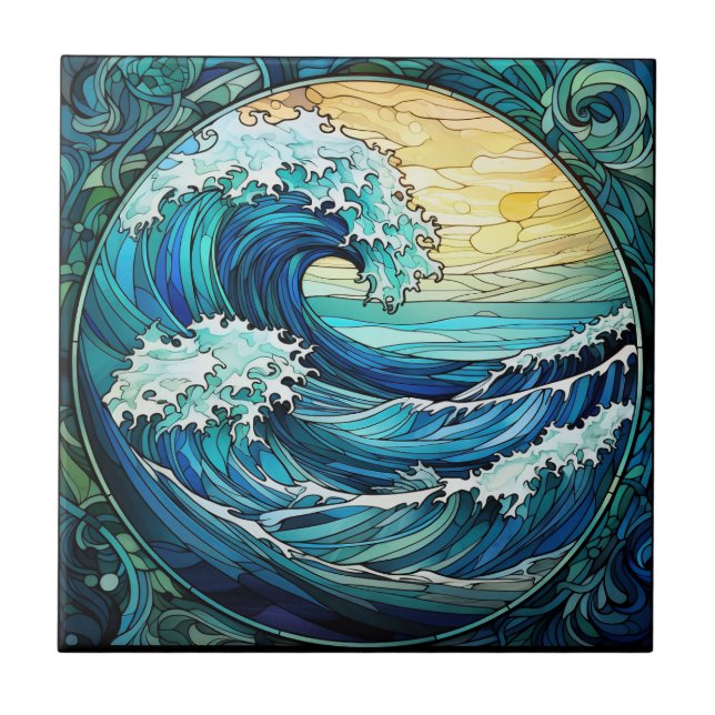 Ocean Waves Stained Glass Ceramic Tile (Front)