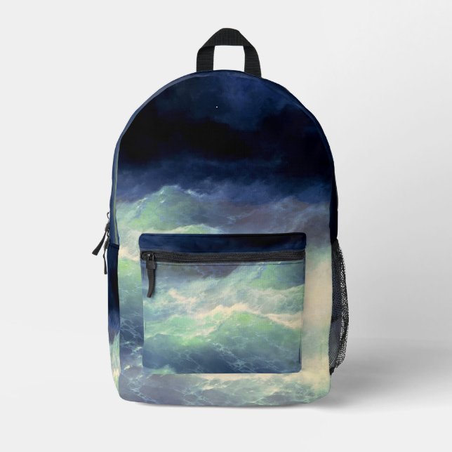 Ocean Waves Stormy Sea Moody Blue Printed Backpack (Front)