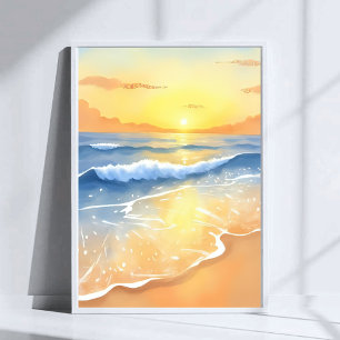 Ocean Waves Sunset Beach Watercolor Poster