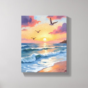 Ocean Waves Sunset   Oil Painting Coastal Beach Canvas Print