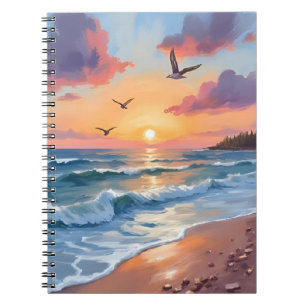 Ocean Waves Sunset Oil Painting Coastal Beach Notebook