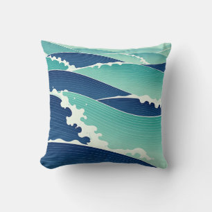 Ocean Waves Teal Blue Japanese Style Cushion