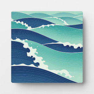 Ocean Waves Teal Blue Japanese Style Plaque
