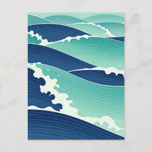 Ocean Waves Teal Blue Japanese Style Postcard