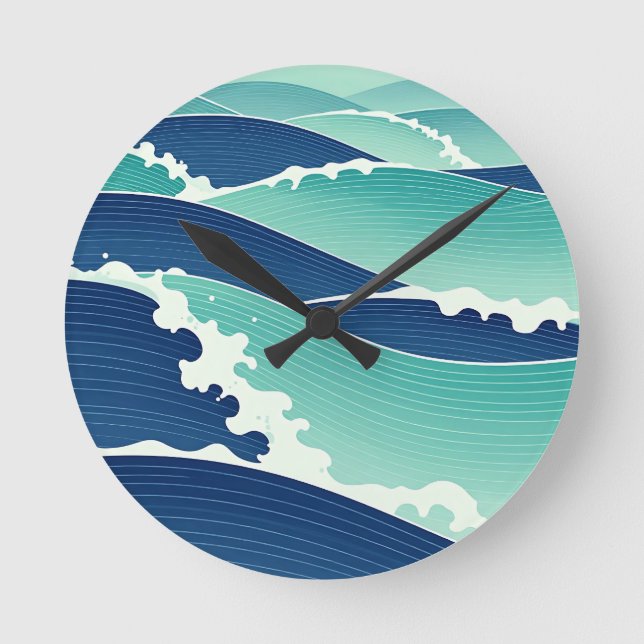 Ocean Waves Teal Blue Japanese Style Round Clock (Front)