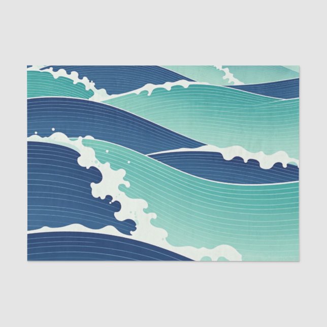 Ocean Waves Teal Blue Japanese Style Tissue Paper (Front)