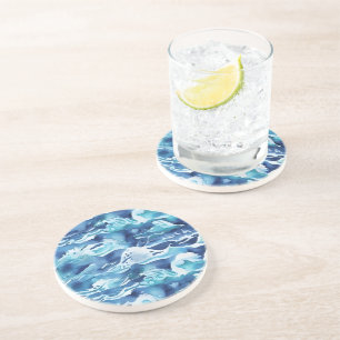 Ocean Waves Teal Watercolor Aqua Blue Coaster
