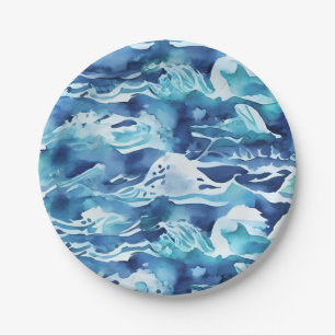 Ocean Waves   Teal Watercolor Aqua Blue Paper Plate