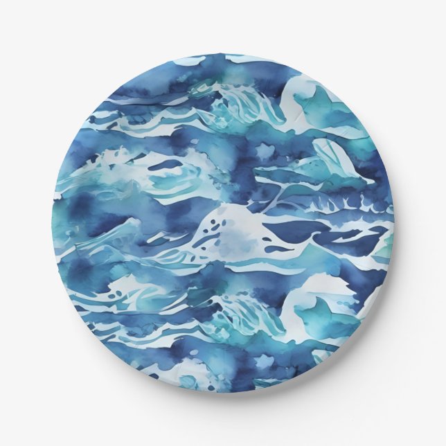 Ocean Waves | Teal Watercolor Aqua Blue Paper Plate (Front)
