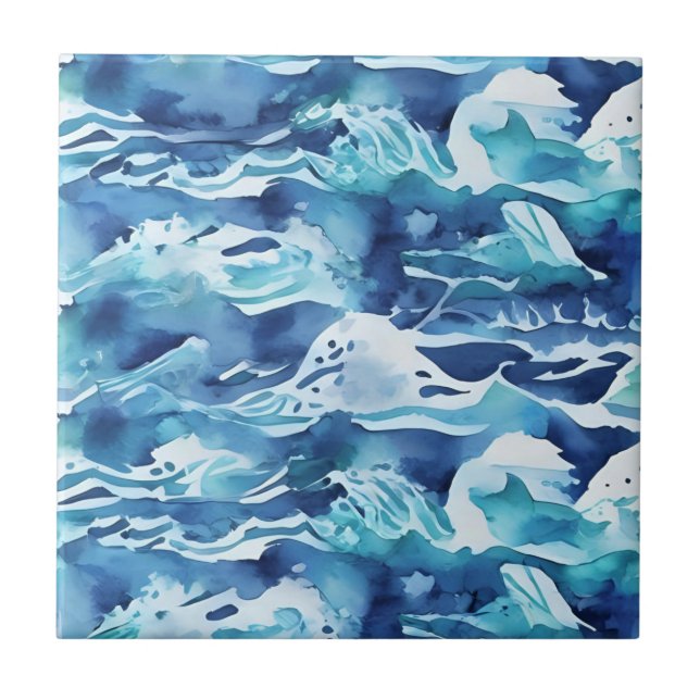 Ocean Waves | Teal Watercolor Aqua Blue Tile (Front)
