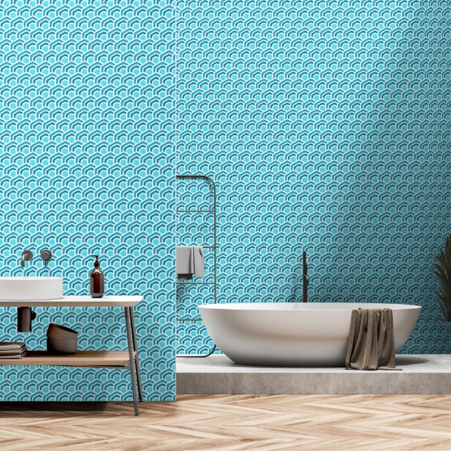Ocean Waves - Turquoise Geometric Hexagon Pattern Wallpaper (Bathroom)