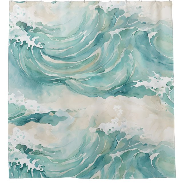 Ocean Waves Watercolor Shower Curtain (Front)