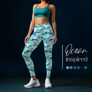 Ocean Waves Watercolor Turquoise Pattern Leggings