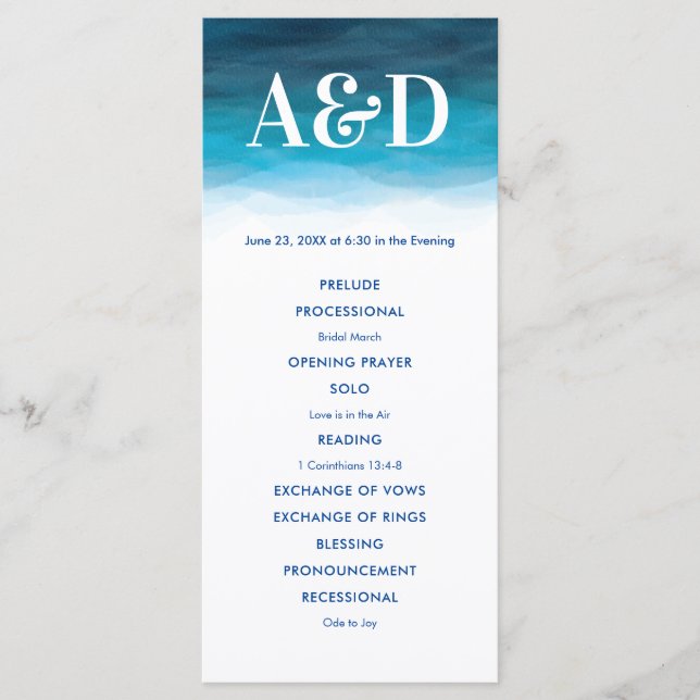 Ocean Waves Watercolor Wedding Program, Blue Programme (Front)