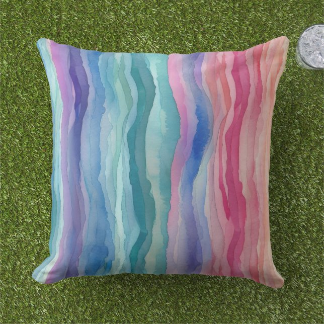 Ocean Waves Watercolour Rainbow Inspired Stripe Cushion (Grass)