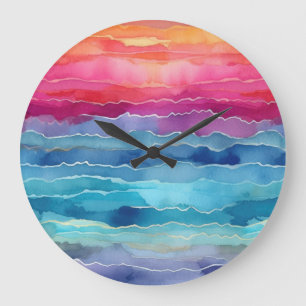 Ocean Waves Watercolour Rainbow Inspired Stripe Large Clock
