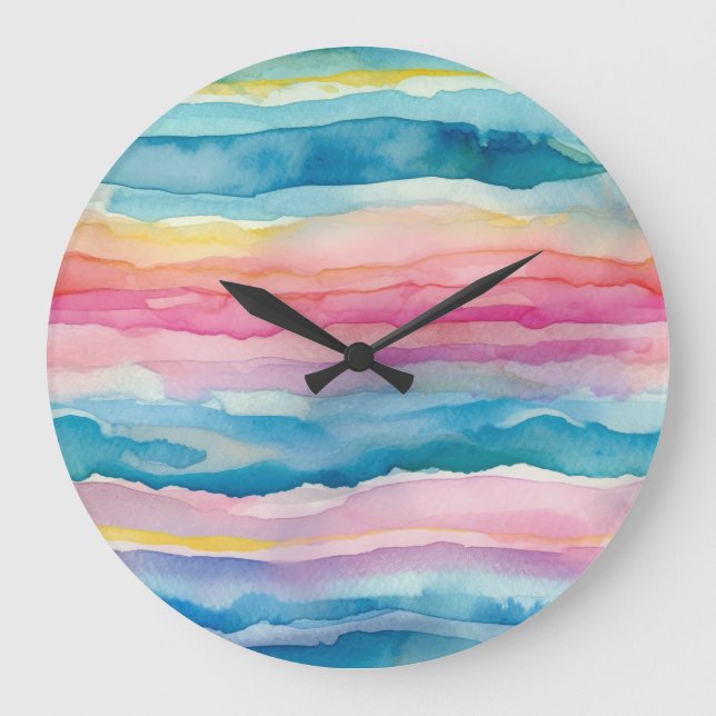 Ocean Waves Watercolour Rainbow Inspired Stripe Large Clock (Front)