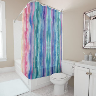 Ocean Waves Watercolour Rainbow Inspired Stripe Shower Curtain