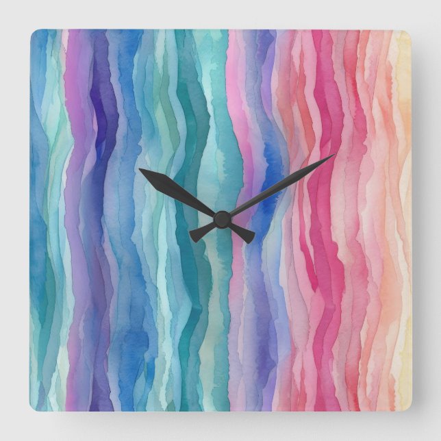 Ocean Waves Watercolour Rainbow Inspired Stripe Square Wall Clock (Front)
