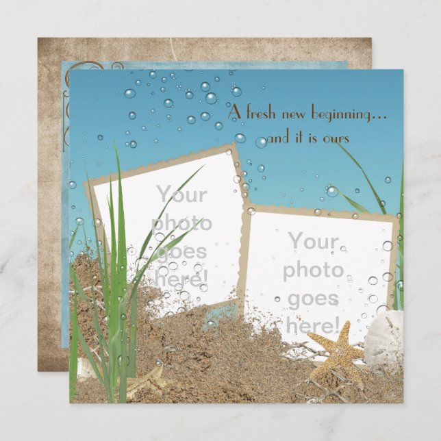 ocean wedding photo frame in sand invitation (Front/Back)