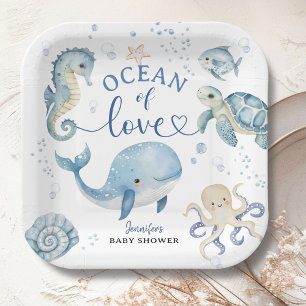 Ocean Whale Baby Shower Boy Blue  Paper Plate