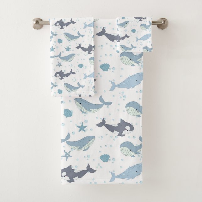 Ocean whale pattern with starfish, shell, bubble b bath towel set (Insitu)