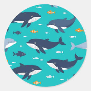 Ocean Whales Dolphins Pattern Classic Round Sticker