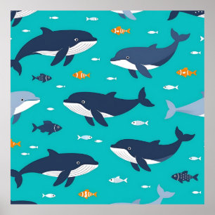 Ocean Whales Dolphins Pattern Poster