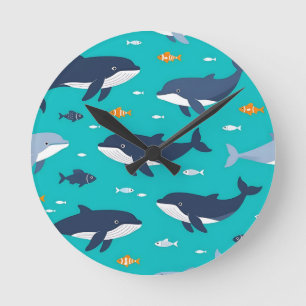 Ocean Whales Dolphins Pattern Round Clock