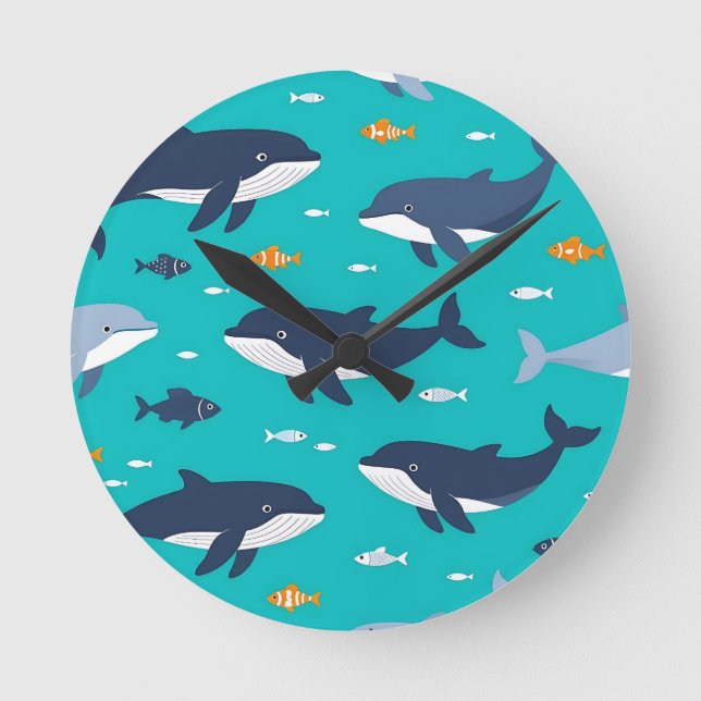 Ocean Whales Dolphins Pattern Round Clock (Front)