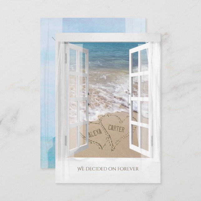 ocean window view with beach hearts wedding invitation (Front/Back)