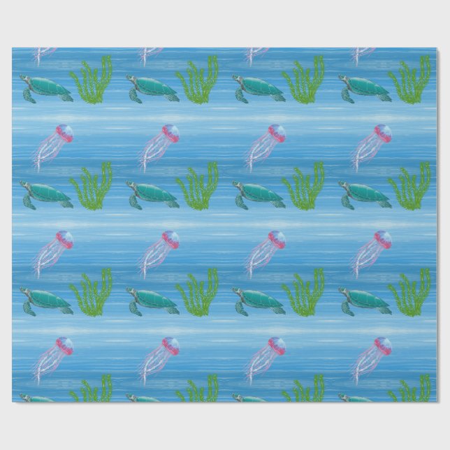 Ocean with Turtle and Jellyfish Wrapping Paper (Flat)