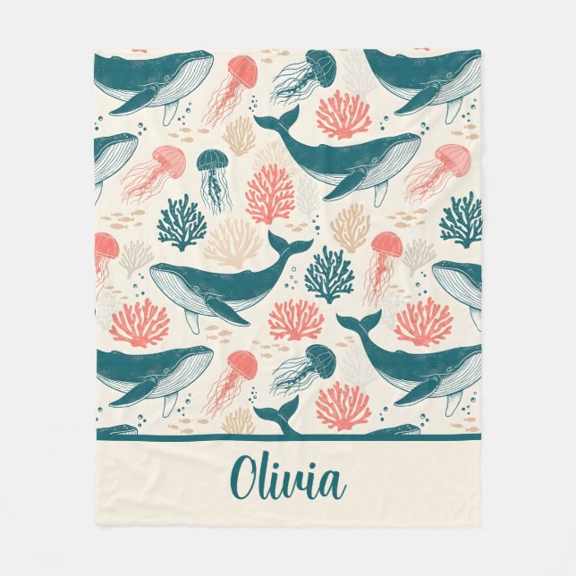 Ocean Wonders Whale Jellyfish Coral Fleece Blanket (Front)