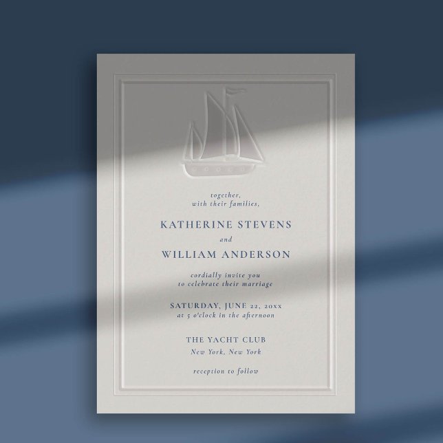 Ocean Yacht Faux Embossed Modern Classic Wedding Invitation (nautical beach boat yacht coastal ocean wedding invitation faux embossed typography pearl navy blue)