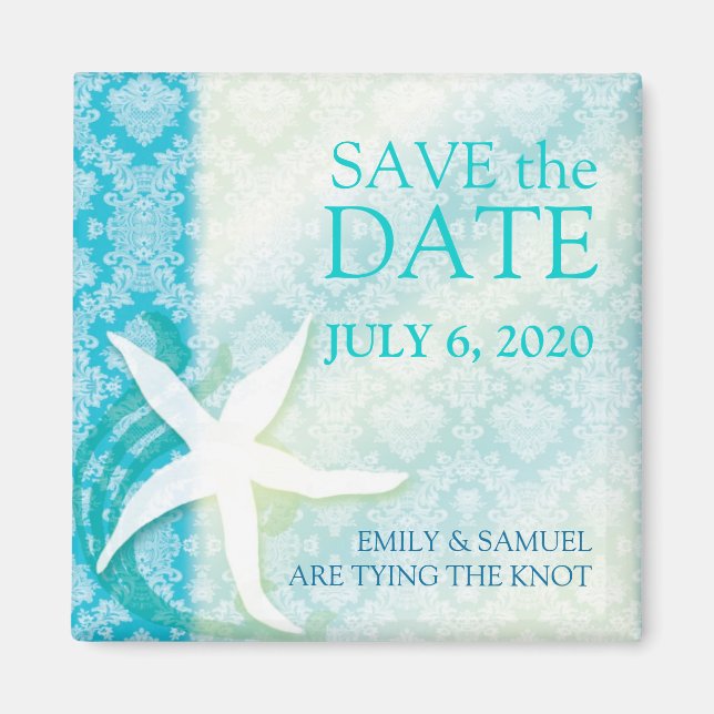 Oceanfront Starfish Wedding Save the Date Magnet (Front)