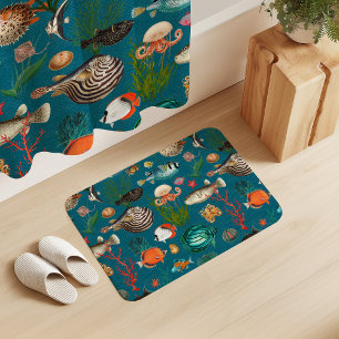 Oceania Colourful Fishes on Teal Blue Background Bath Mat