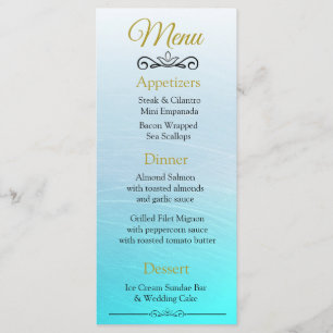 Oceanic Beach Themed Aqua Blue Wedding Menu Card