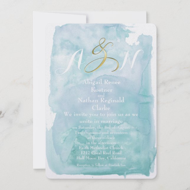 Oceanic Blue Watercolor Wedding Invitation (Front)