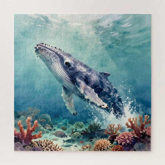 Oceanic Blue Whale Watercolor Coastal Art Jigsaw Puzzle (Vertical)