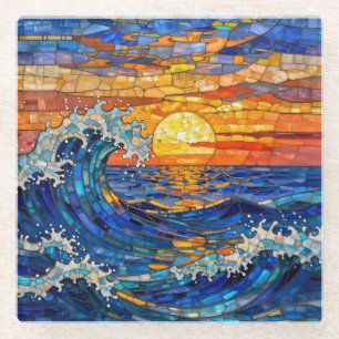 Oceanic Coastal Ocean Waves Sunset Glass Coaster