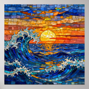 Oceanic Coastal Ocean Waves Sunset Poster