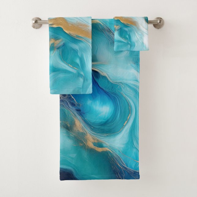 Oceanic Harmony: Cobalt and Teal Brushstrokes Bath Towel Set (Insitu)