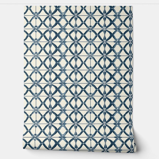 Oceanic Interlace Petite - Navy, Beige - Coastal  Wallpaper (Unrolling)