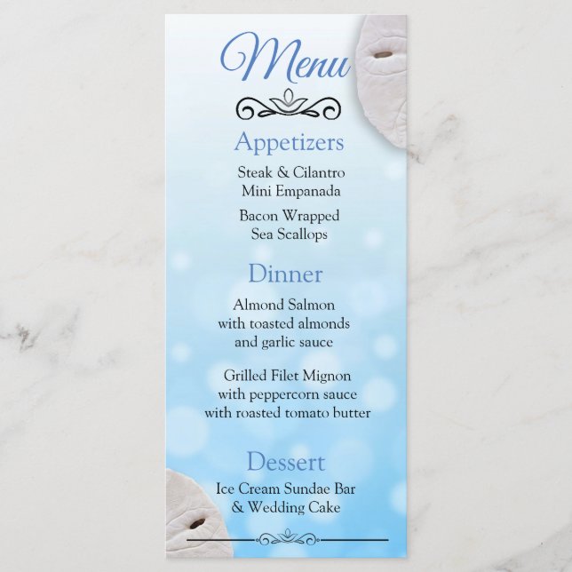 Oceanic Sand Dollar Aqua Blue Wedding Menu Card (Front)