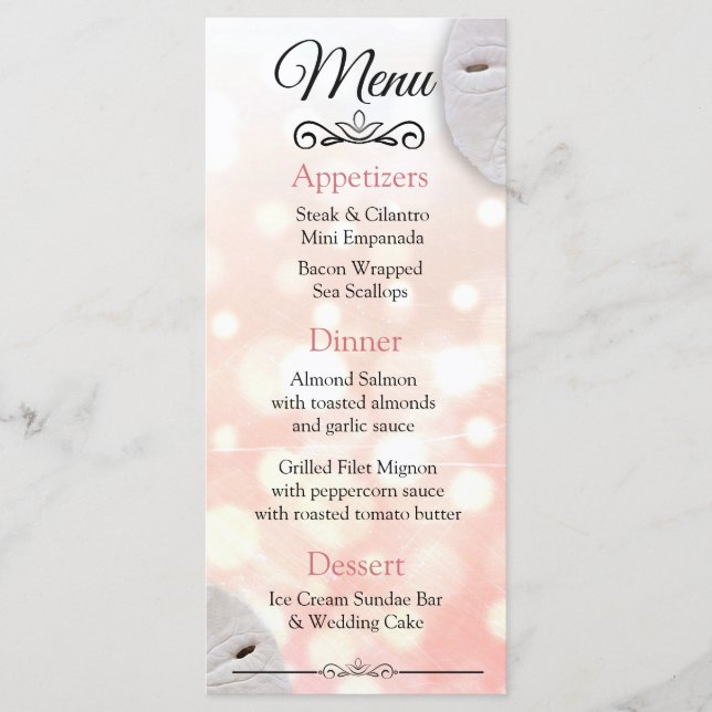 Oceanic Sand Dollar Coral Wedding Menu Card (Front)