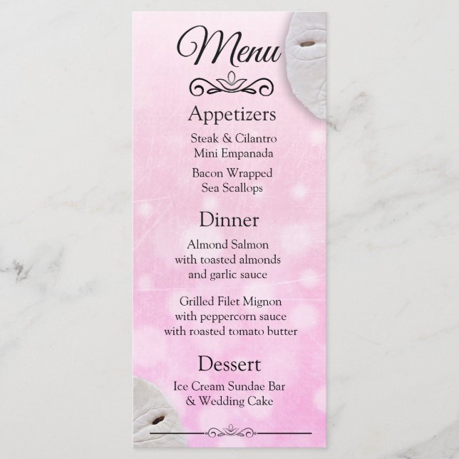 Oceanic Sand Dollar Pink Wedding Menu Card (Front)
