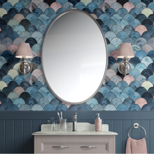 Oceanic Scales - Blue, Pink, Grey - Coastal Wallpaper (Modern Wave Pattern Peel and Stick Wallpaper )
