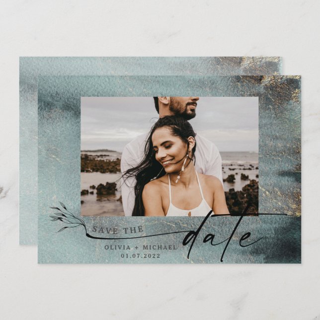 Oceanic Teal Watercolor w/Gold Photo Save The Date (Front/Back)