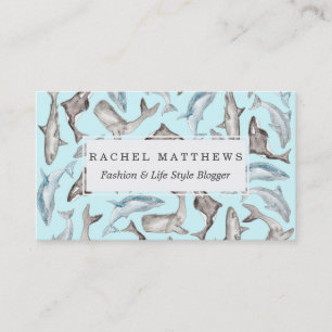 Oceanic Watercolor Fishes in Blue Black White Grey Business Card